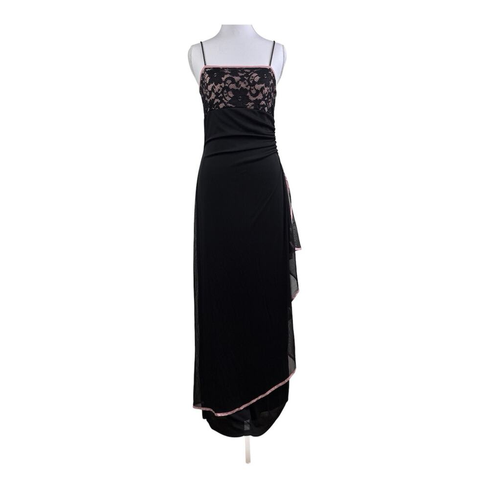 Y2K Vintage Taboo Maxi Slip Dress Medium Black Ruched Lace Layered 90s Fairycore